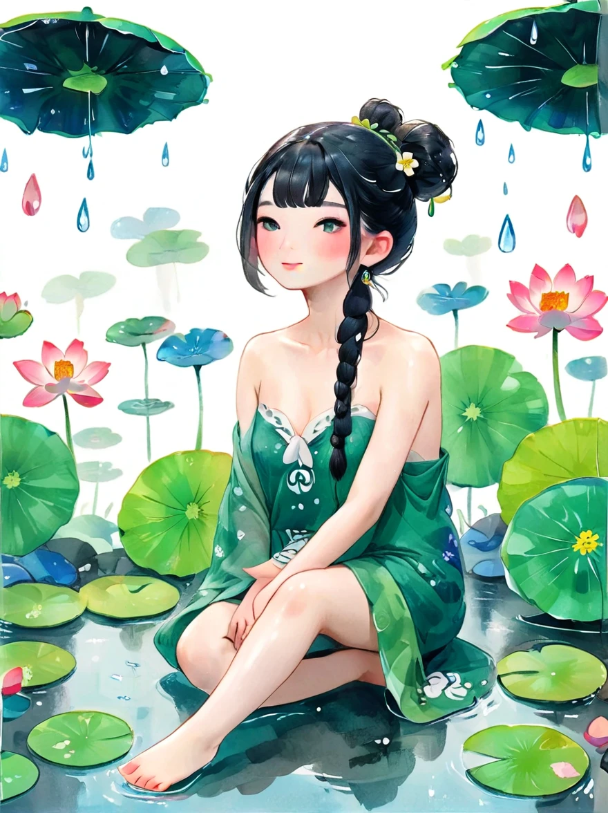 1 Girl，whole body，leg，Naked big legs，(rain)，(Gentle smile)，Bare shoulders，The chest is covered with lotus leaves，Cleavage，clavicle，neck，(fog，Thin fog)，earrings，独奏，White(lotus)，Black Hair，Looking at the audience，Long hair，portrait，Lips，Hair Bun，make up，Poker face，black eyes，Green，(Lotus Leaf)，Every time，Soft Light，Fine brushwork and ink painting style，(masterpiece:1.2)，(Best quality:1.2)，high resolution，Extremely detailed 8k wallpapers，very clearly，lifelike