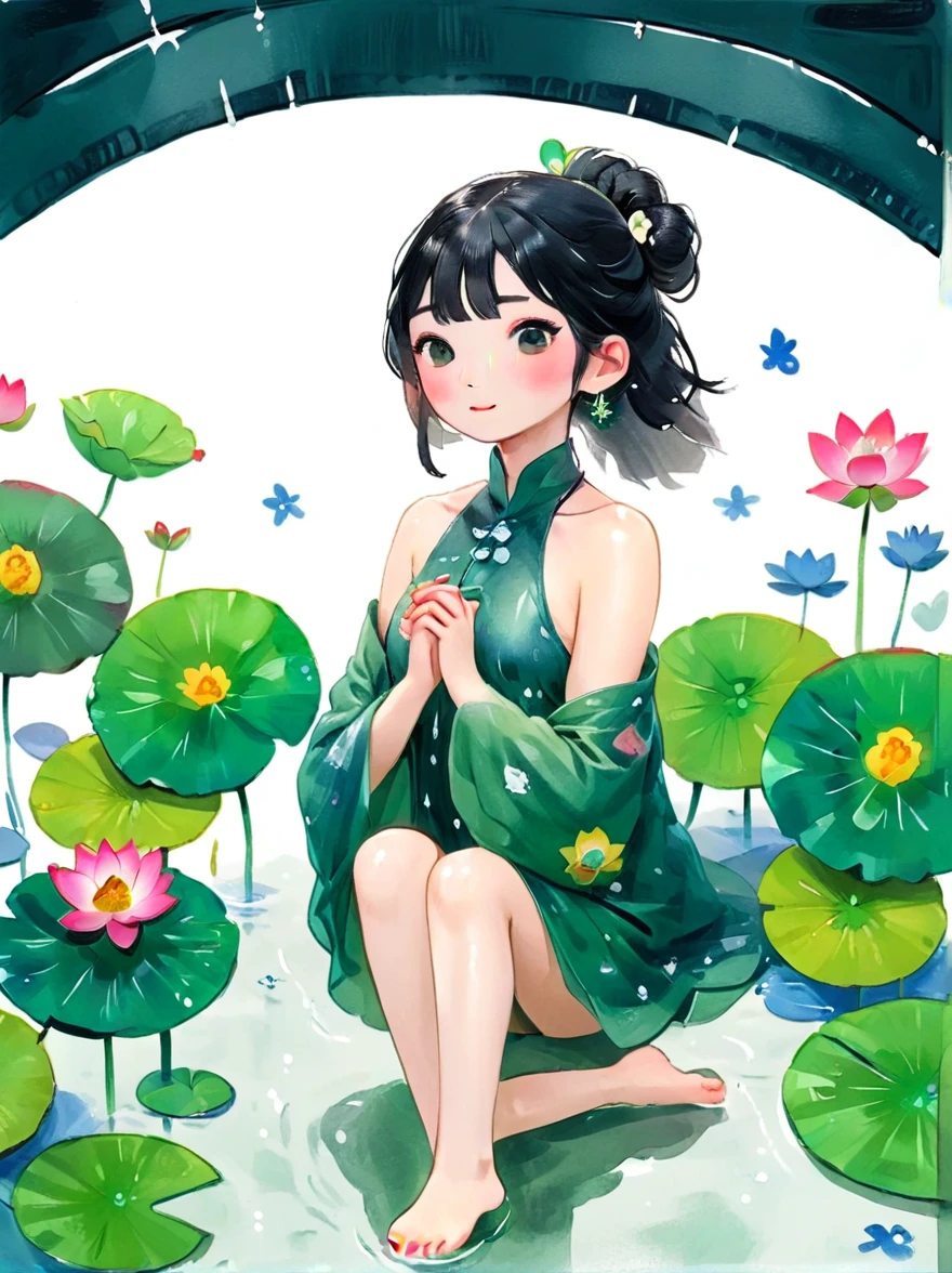 1 Girl，whole body，leg，裸露的大leg，(rain)，(Gentle smile)，Bare shoulders，胸部被覆盖lotus叶，Cleavage，clavicle，neck，(fog，薄fog)，earrings，solo，White(lotus)，Black Hair，Looking at the audience，Long hair，portrait，Lips，Hair Bun，make up，Poker face，black eyes，Green，(Lotus Leaf)，Every time，Soft Light，Fine brushwork and ink painting style，(masterpiece:1.2)，(Best quality:1.2)，high resolution，Extremely detailed 8k wallpapers，very clearly，lifelike