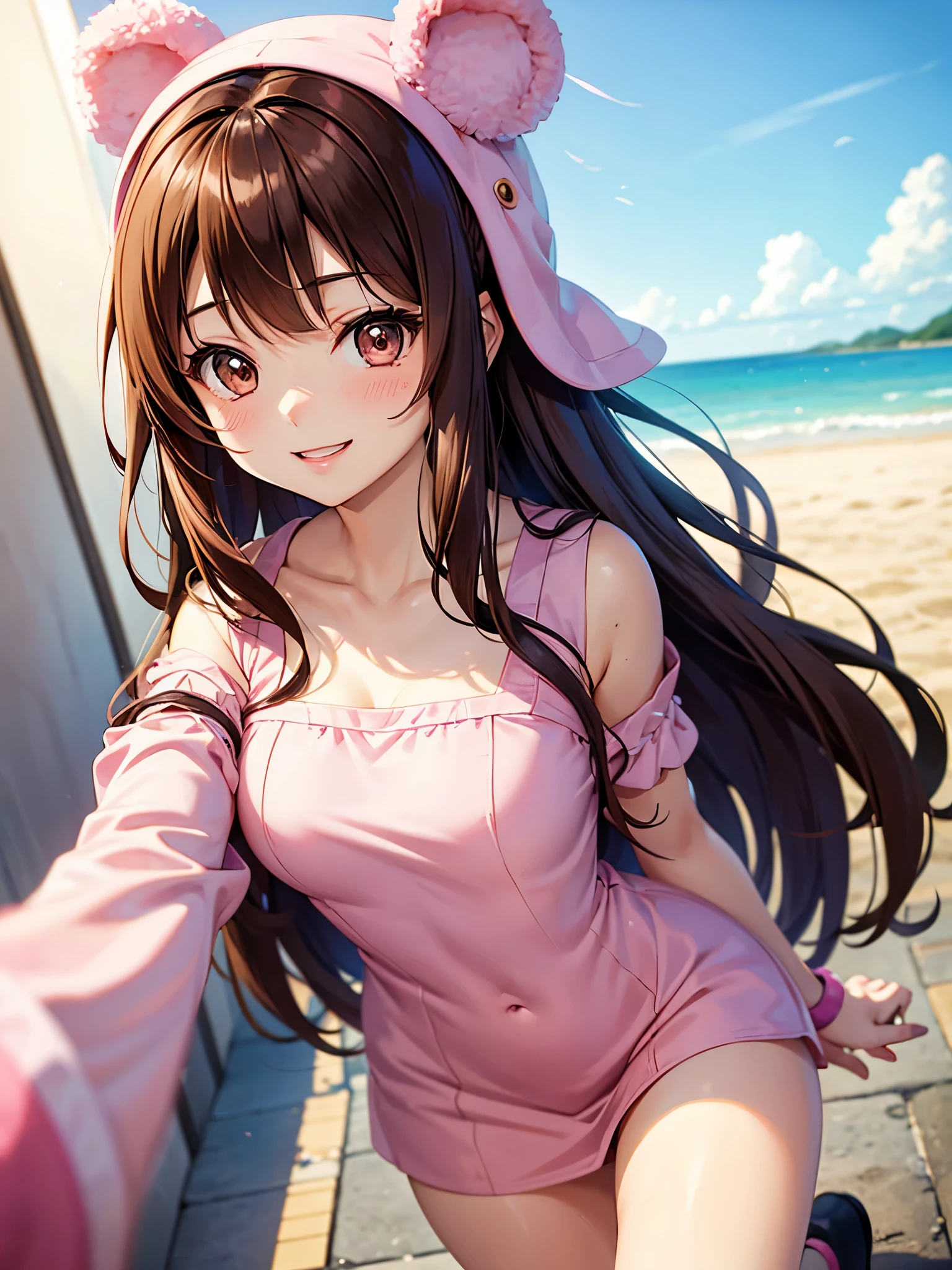 Pelo castaño. chica anime. niña asiatica. ulzzang. Ojos cafés. sonriente. Vestido rosa de una pieza.