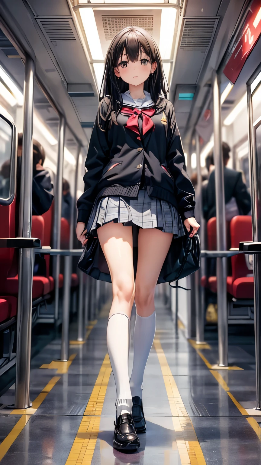 ((masterpiece, Highest_quality)), One girl, (Realistic:1.4),  alone, white_background, black_hair, length_hair,   zettai_ryouiki, Micro Mini Skirt, ((full_body)),In a crowded train、whiteいパンティ