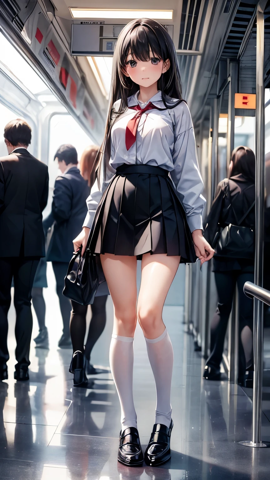 ((masterpiece, Highest_quality)), One girl, (Realistic:1.4),  alone, white_background, black_hair, length_hair,   zettai_ryouiki, Micro Mini Skirt, ((full_body)),In a crowded train、whiteいパンティ