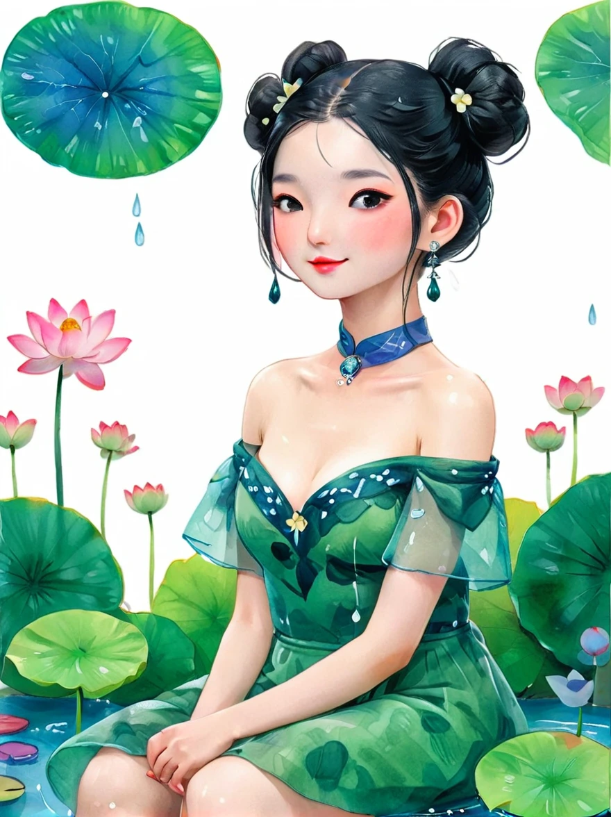 1 Girl，whole body，leg，Naked big legs，(rain)，(Gentle smile)，Bare shoulders，The chest is covered with lotus leaves，Cleavage，clavicle，neck，(fog，Thin fog)，earrings，独奏，White(lotus)，Black Hair，Looking at the audience，Long hair，portrait，Lips，Hair Bun，make up，Poker face，black eyes，Green，(Lotus Leaf)，Every time，Soft Light，Fine brushwork and ink painting style，(masterpiece:1.2)，(Best quality:1.2)，high resolution，Extremely detailed 8k wallpapers，very clearly，lifelike