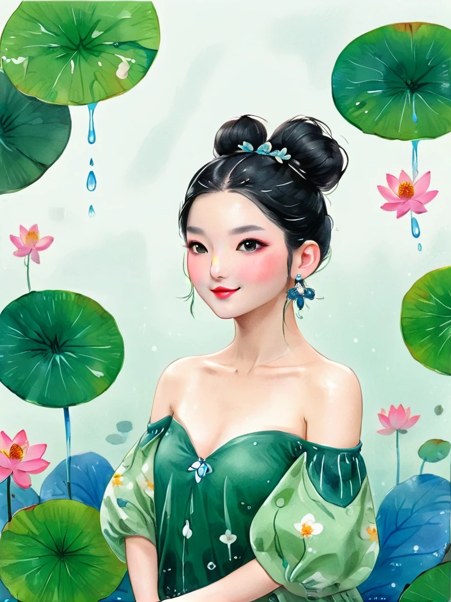 1 Girl，whole body，leg，裸露的大leg，(rain)，(Gentle smile)，Bare shoulders，胸部被覆盖lotus叶，Cleavage，clavicle，neck，(fog，薄fog)，earrings，solo，White(lotus)，Black Hair，Looking at the audience，Long hair，portrait，Lips，Hair Bun，make up，Poker face，black eyes，Green，(Lotus Leaf)，Every time，Soft Light，Fine brushwork and ink painting style，(masterpiece:1.2)，(Best quality:1.2)，high resolution，Extremely detailed 8k wallpapers，very clearly，lifelike