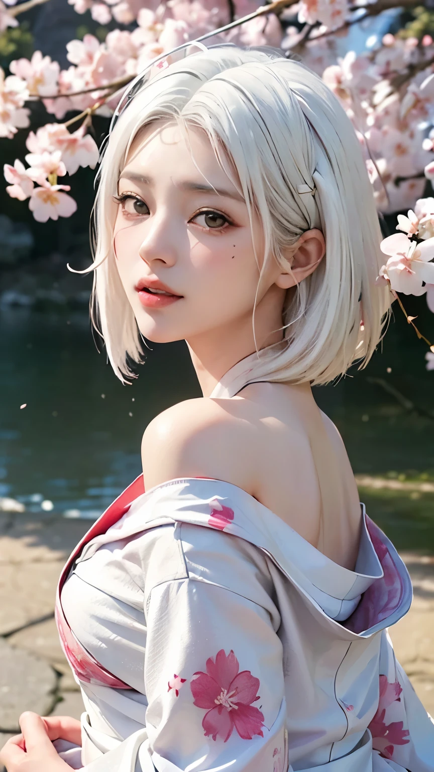 ((Styled white hair:1.5))(Japan kimono with cherry blossom pattern:1.3), Symmetric, (highest quality, Realistic:1.4, RAW Photos:1.2, Cinematic Light, Highly detailed illustration), (1woman:1.3, alone), (Asian 2 girl, Very delicate face, Super beautiful face, Very delicate eyes, Highly detailed nose, Very sophisticated mouth, Highly detailed facial features, 輝くskin), woman, (Medium Bust:1.3), skin, Lip gloss, Laughter, Full Body View, High resolution, High resolution, 8k, Masterpiece 2:1,（ Kyoto、Scattering cherry blossoms）、Off the shoulder, Scapula、kimono,open clothes,Look back here
