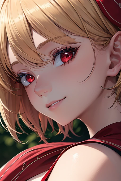 absurdres, (8k, RAW photo, best quality), masterpiece, hyper detailed, perfection, best quality, photo-realistic, (((1girl:1.2))), (((blond girl))), (((solo:1.2))), elf, elf ears, (((blond shortcut hair))), (((burgundy hair ends))),  (((scarlet red eyes))), (slanted red eyes, tsurime), blond eyebrows, (portrait:1.34), face shot, full-length:1.5, (((fashion model pose))), at schoolyard, daylight, amazing shadow, close-up, (evil smile), (((face close-up)))