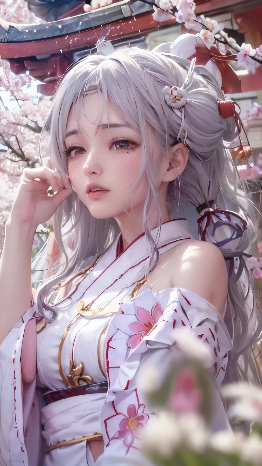 ((Styled white hair:1.5))(Japan、Shrine maiden:1.3), Symmetric, (highest quality, Realistic:1.4, RAW Photos:1.2, Cinematic Light, Highly detailed illustration), (1woman:1.3, alone), (Asian 25 year old girl, Very delicate face, Super beautiful face, Very delicate eyes, Highly detailed nose, Very sophisticated mouth, Highly detailed facial features, 輝くskin), woman, (Medium Bust,sideboob:1.3), skin, Lip gloss, Laughter, Full Body View, High resolution, High resolution, 8k, Masterpiece 2:1,（ Kyoto、Scattering cherry blossoms）、Off the shoulder, Scapula、Shrine maiden服,open clothes
