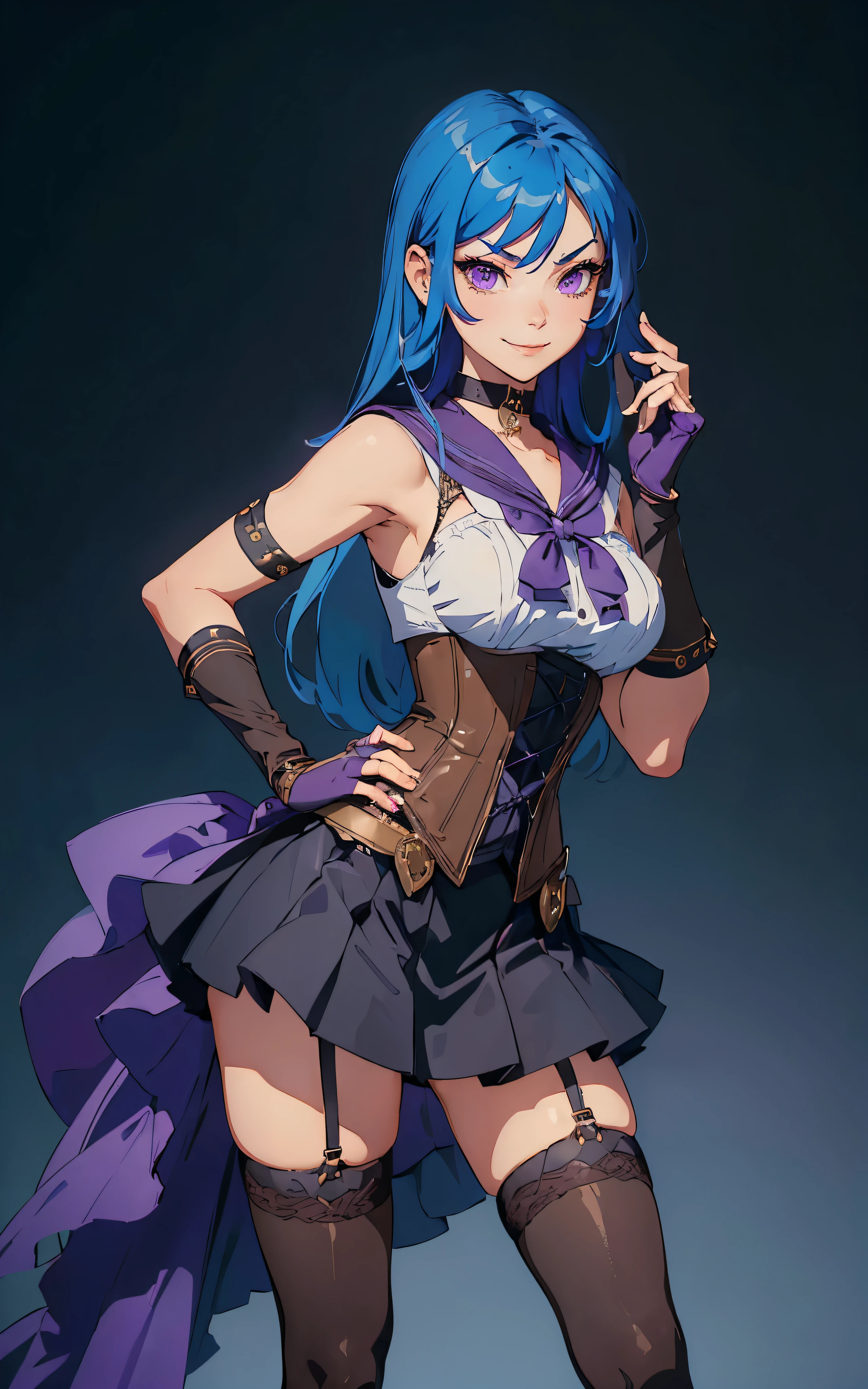 masterpiece, high quality, standing, 1_women, (upper body), (((looking away from viewer))), (bright blue hair), medium length hair, cute bangs, flowing hair, (exotic skin_complexion:1.4),mature, tall, diamond shaped eyes, (((purple eyes))), dark_eyeliner, long_eyelashes), (hands on hip), (purple fingerless_gloves), beautiful, exotic, elegant, slim, (((sailor collar))), black thigh highs, choker, medium bust, (brown steampunk corset), black Lolita style skirt, knee high heel with laces, (sleeveless), natural dynamic lighting, ((smirking)), steampunk,