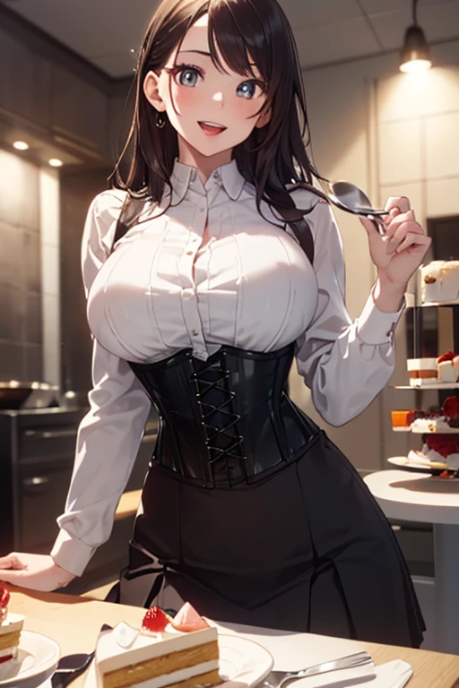 (medium breasts:0.6),(from above:1.2), ((Face)), (Close-Up:0.4), (( eat a cake and have a coffee)),highest quality、(real、photorealistic:1.4),(ultra high resolution, 8K RAW photo, clear focus), best qualtiy, natural lighting, field depth, (Bright pupils, detailed beautiful eyes, high detailed face), Red lip, (tight focus:1.2, from below:1.2), sexy posing, erotic cute,cooking Research Institutes(beautiful and luxurious:1.2),(double breasted:1.0,under bust:1.0), gap between buttons,(((corset belt))),(((high waist skirt,))) seductive weak smiling,(with sparkling eyes and a contagious smile),open mouth, Looking at Viewer