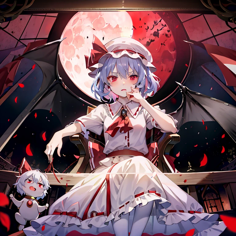 玉座に座っているRemilia Scarletのイラスト, Tabletop, The finer details, one personで, one person, beautiful girl, White woman, Remilia Scarlet, Noble Chair, Western buildings, indoor, Rose petals, Stained glass, Red Moon, full moon