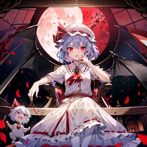 玉座に座っているremilia scarletのイラスト, tabletop, the finer details, one personで, one person, beautiful girl, white woman, remilia scarlet...