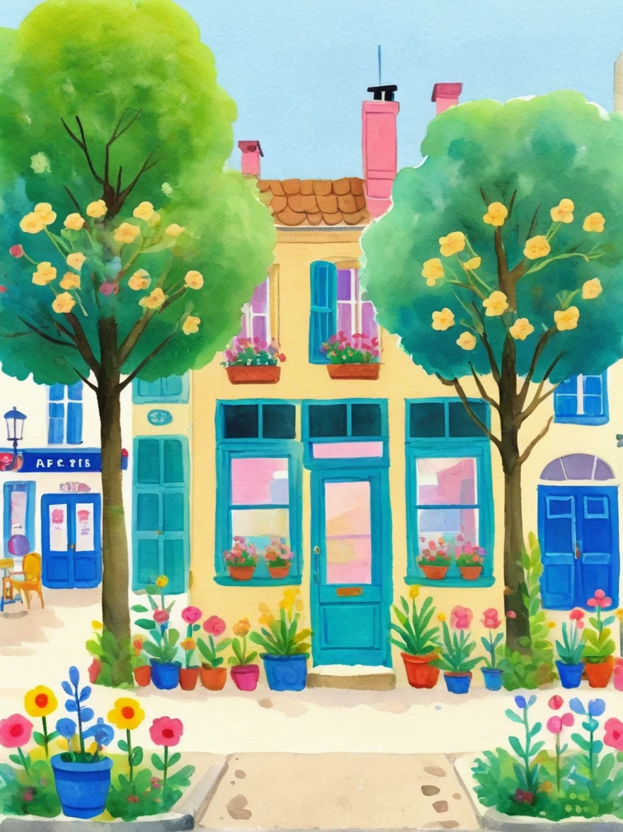 A watercolor painting showing the front view of an art studio in Paris with flowers and trees，Cartoon Style，cartoon trees，Illustration Art，Bright colors，High details，White background，Full Color，high resolution，high-definition，HD，People walking on the sidewalk，The cafe next door has tables outside，There are chairs inside，The building has blue walls，The sky is blue，Sunshine in the style of Hayao Miyazaki