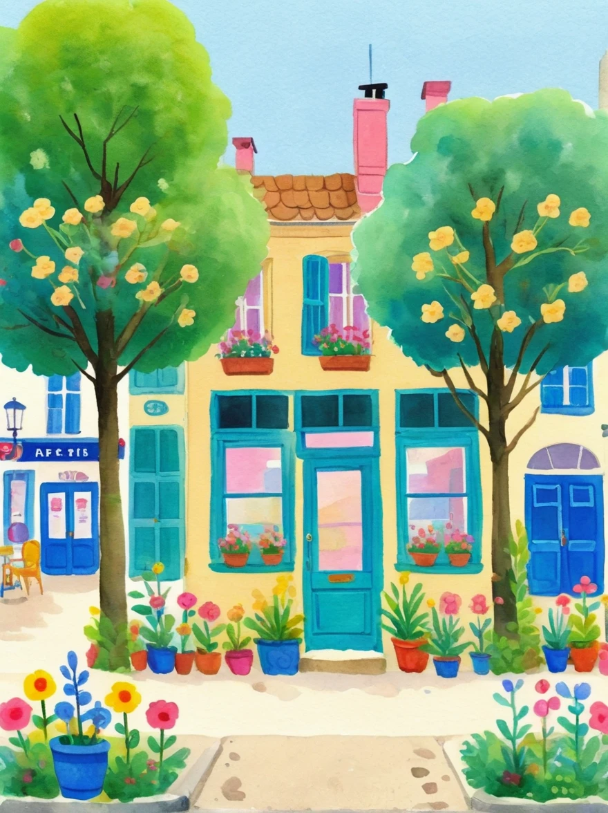 Uma pintura em aquarela mostrando a vista frontal de um estúdio de arte em Paris com flores e árvores，estilo de desenho animado，árvores dos desenhos animados，Arte de ilustração，cores brilhantes，detalhes altos，fundo branco，cor cheia，Alta resolução，alta definição，alta definição，pessoas andando na calçada，O café ao lado tem mesas do lado de fora，Há cadeiras dentro，O prédio tem paredes azuis，O céu é azul，Luz do sol no estilo de Hayao Miyazaki