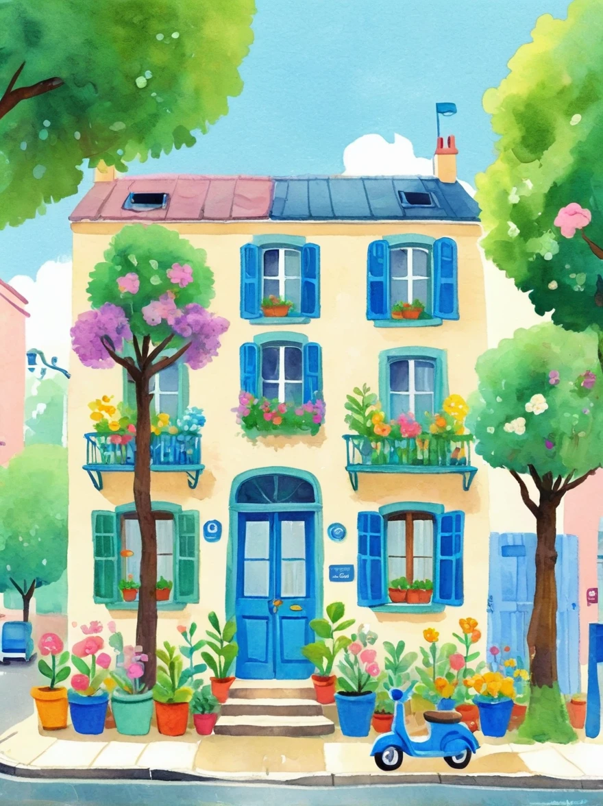 Ein Aquarell, das die Vorderansicht eines Kunstateliers in Paris mit Blumen und Bäumen zeigt，Cartoon-Stil，Cartoon-Bäume，Illustrationskunst，helle Farben，hohe Details，weißer Hintergrund，volle Farbe，hohe Auflösung，hochauflösend，HD，Menschen gehen auf dem Bürgersteig，Das Café nebenan hat Tische draußen，Es gibt Stühle drinnen，Das Gebäude hat blaue Wände，Der Himmel ist blau，Sonnenschein im Stil von Hayao Miyazaki