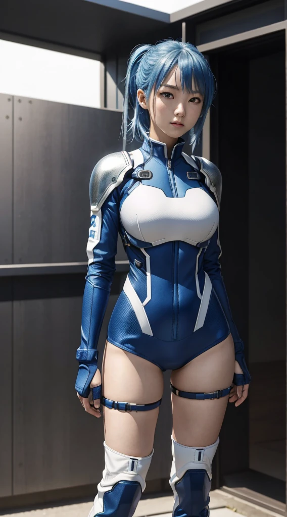 (masterpiece, best quality, Maximum resolution, clearly_image, Detailed details): (Solitary,  girl, Japanese Face, Blue hair girl, shortcut, Full body picture, Small breast size, Sparkling blue eyes, Metallic white and blue pilot suit, Tight clothing, Clothing that covers the entire body, beauty, slim, Exoskeleton, Sexy pose, Actress, Integral, Knee-high boots)