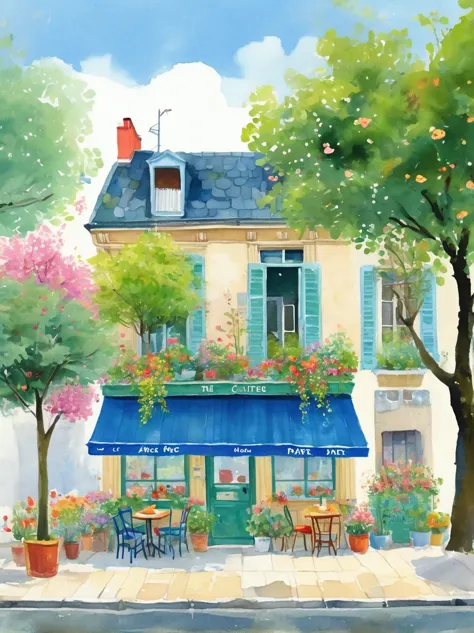 A watercolor painting showing the front view of an art studio in Paris with flowers and trees，Cartoon Style，cartoon trees，Illust...