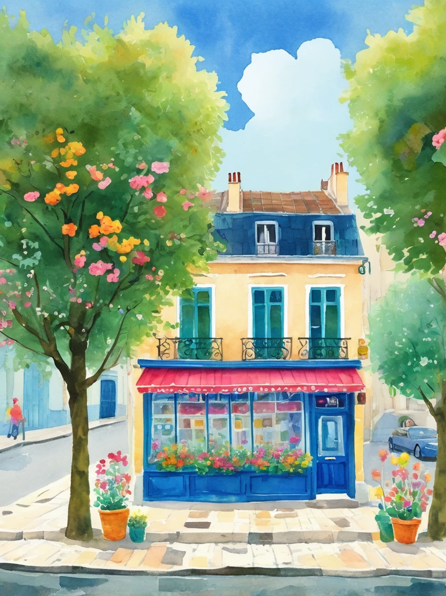 A watercolor painting showing the front view of an art studio in Paris with flowers and trees，Cartoon Style，cartoon trees，Illustration Art，Bright colors，High details，White background，Full Color，high resolution，high-definition，HD，People walking on the sidewalk，The cafe next door has tables outside，There are chairs inside，The building has blue walls，The sky is blue，Sunshine in the style of Hayao Miyazaki