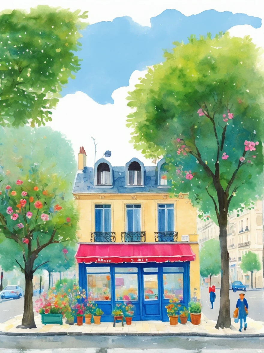 A watercolor painting showing the front view of an art studio in Paris with flowers and trees，Cartoon Style，cartoon trees，Illustration Art，Bright colors，High details，White background，Full Color，high resolution，high-definition，HD，People walking on the sidewalk，The cafe next door has tables outside，There are chairs inside，The building has blue walls，The sky is blue，Sunshine in the style of Hayao Miyazaki