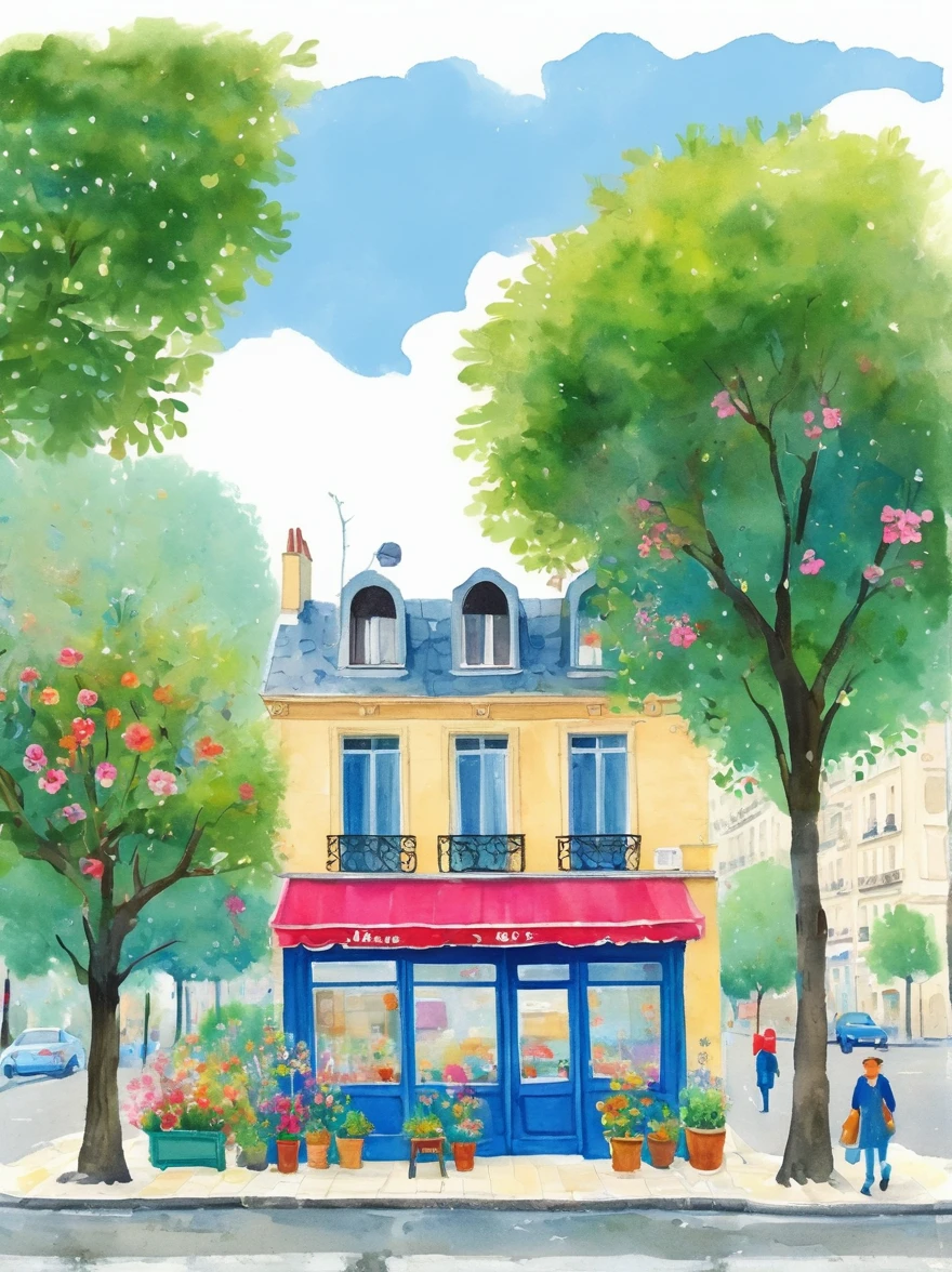 Uma pintura em aquarela mostrando a vista frontal de um estúdio de arte em Paris com flores e árvores，estilo de desenho animado，árvores dos desenhos animados，Arte de ilustração，cores brilhantes，detalhes altos，fundo branco，cor cheia，Alta resolução，alta definição，alta definição，pessoas andando na calçada，O café ao lado tem mesas do lado de fora，Há cadeiras dentro，O prédio tem paredes azuis，O céu é azul，Luz do sol no estilo de Hayao Miyazaki