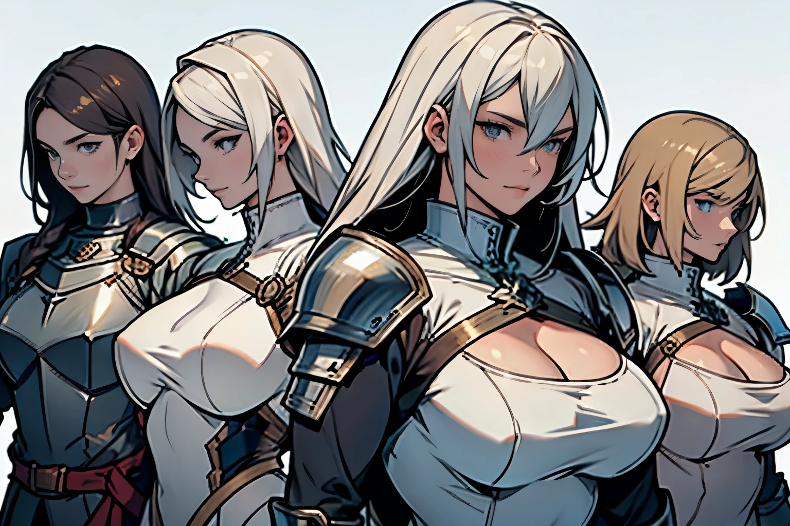 Группа женщин-рыцарей, белый фон, Мистер.々Прическа, носить доспехи, металлическая броня, Детальный аспект, меч,