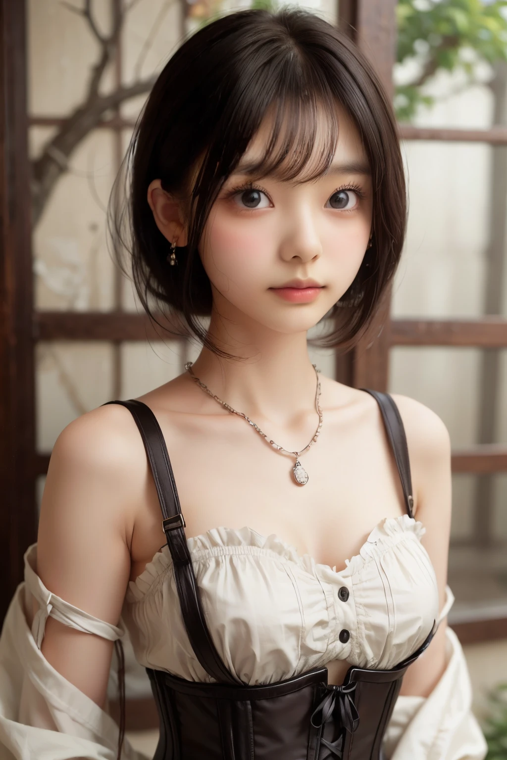 ((sfw: 1.4)), ((detailed face,  professional photography)), ((sfw, corset top, earrings, necklac,, extra short hair, sidelocks-hair, 1 Girl)), Ultra High Resolution, (Realistic: 1.4), RAW Photo, Best Quality, (Photorealistic Stick), Focus, Soft Light, ((15 years old)), ((Japanese)), (( (young face))), (surface), (depth of field), masterpiece, (realistic), woman, bangs, ((1 girl))