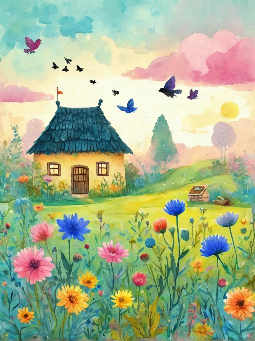 buzzer，Best quality，Ink and watercolor，Vector illustration，Propylene，Detailed cute scarecrow little monster creature in rye field，Cornflower，sunrise，farmhouse，Crow，dan mumford，Andy Kehoe，flat，cute，cute，retro，Art on cracked paper，fairy tale，Detailed illustrations for storybookovie，ultra HD，detail，Beautiful detail，mystery，Luminescence，Vibrant colors，Complex background