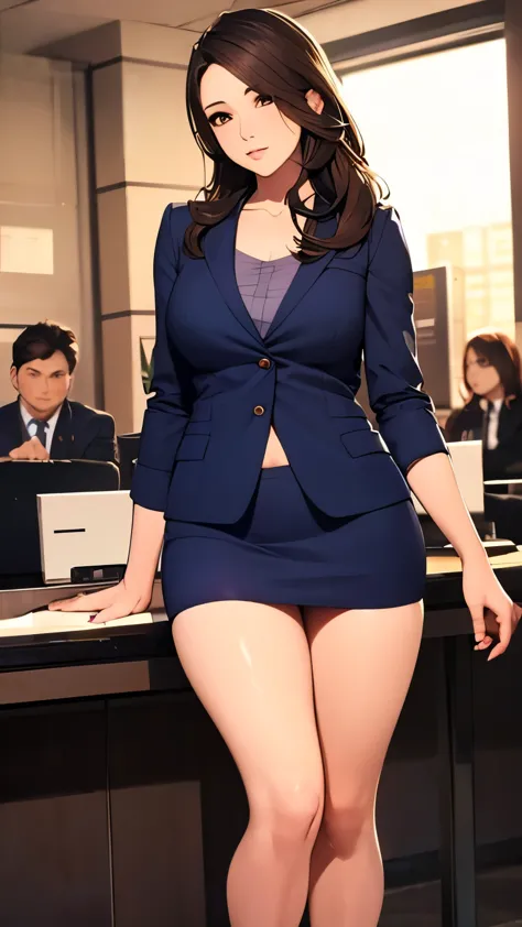 highest quality, Tabletop, Beautiful mature woman、Beautiful Face、Faint-hearted woman、Office Suits、Tight mini skirt、Brown haired、...