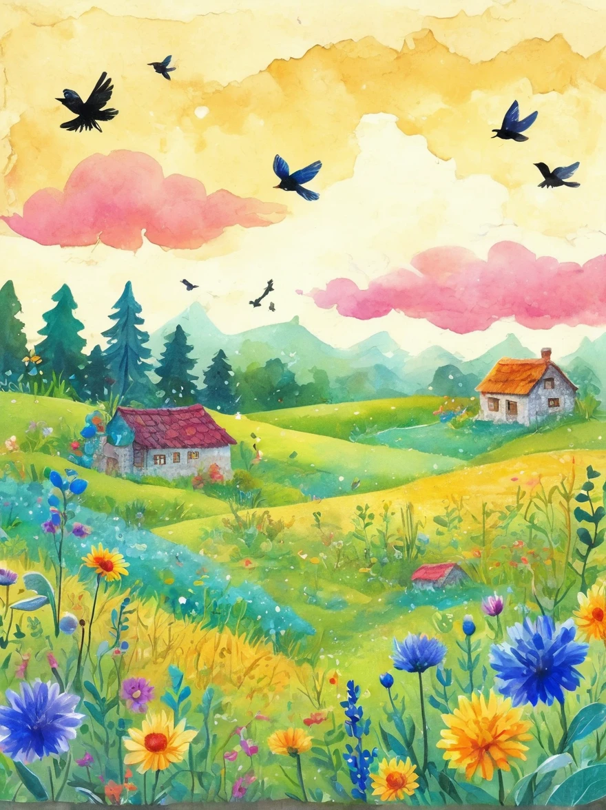 summer，Best quality，Ink and watercolor，Vector illustration，Propylene，详细的稻草cute稻草人在黑麦田里的小妖怪生物，Cornflower，sunrise，farmhouse，Kraora，Dan Mumford，Andy Kehoe，flat，cute，cute，Retro，Art on cracked paper，fairy tale，Detailed illustrations for storybooks，Movie，Ultra HD，detail，美丽的detail，mystery，Luminescence，Vibrant colors，Complex background