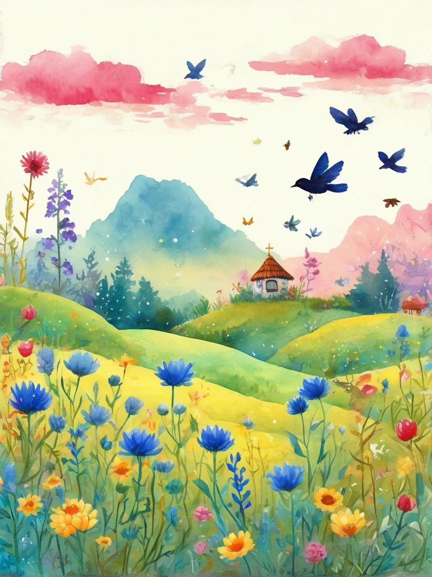 summer，Best quality，Ink and watercolor，Vector illustration，Propylene，详细的稻草cute稻草人在黑麦田里的小妖怪生物，Cornflower，sunrise，farmhouse，Kraora，Dan Mumford，Andy Kehoe，flat，cute，cute，Retro，Art on cracked paper，fairy tale，Detailed illustrations for storybooks，Movie，Ultra HD，detail，美丽的detail，mystery，Luminescence，Vibrant colors，Complex background