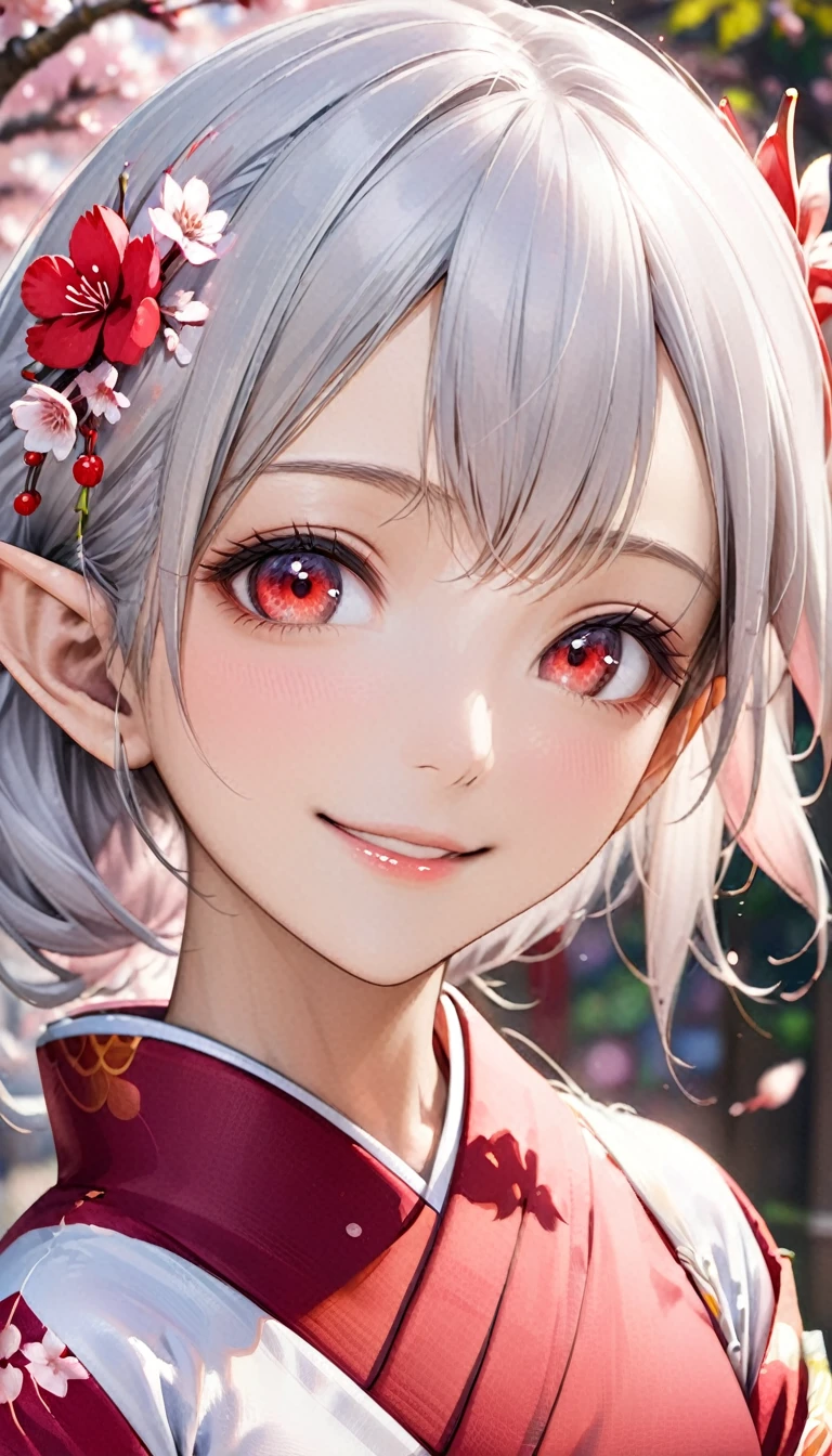 1 elf woman, dark skin, beautiful silver hair, pointed ears, beautiful red eyes, Japanese kimono, cherry blossoms, upper body depiction, friendly smile, lips open, close-up, upward gaze, 8K,