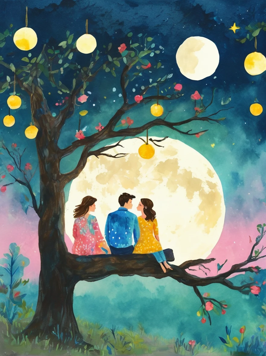 Romantic，night，Backlight，A man and a woman sitting on a tree branch，There is a full moon behind it，Alexander，repeat，Fresh colors，Soft colors，Ink and watercolor，Vector illustration，Diode lamp，Concept art style，Extremely complex details，Clear distinction between light and dark，Layered，Ultra HD