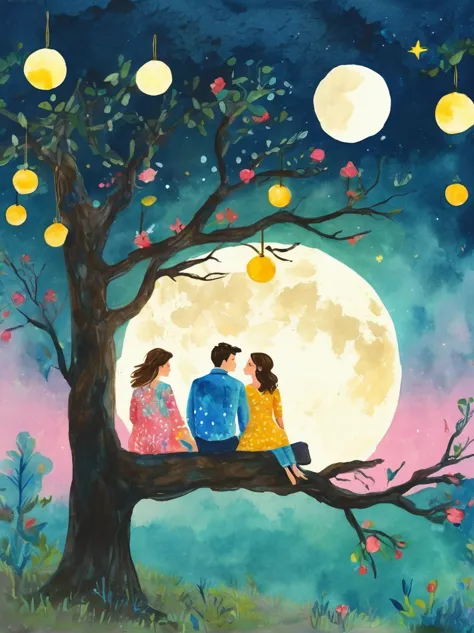 Romantic，night，Backlight，A man and a woman sitting on a tree branch，There is a full moon behind it，Alexander，repeat，Fresh colors...
