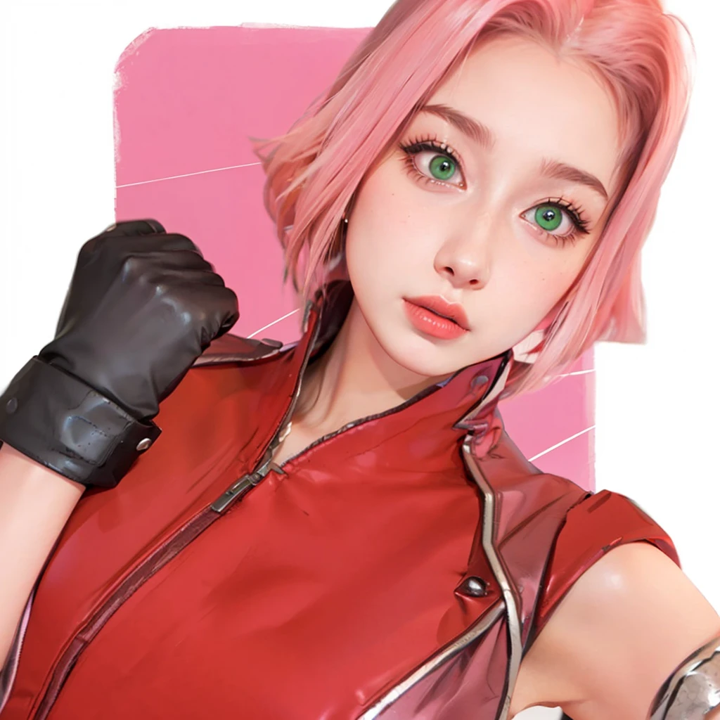 young woman, short shoulder-length pink hair, wide forehead, porcelain skin, pink eyebrows, big emerald green eyes, buttoned nose, full lips, heart-shaped face, slender body, small breasts, red tank top, Sakura Haruno , realistic, realism, details, 3d, well detailed
