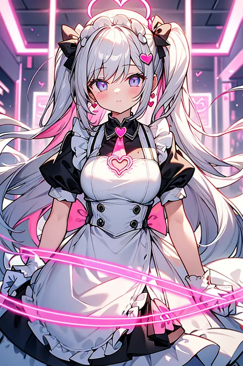 glowing heart-shaped halo floats above the maid goddess' head,heart-shaped neon pink halo overhead,silver long,