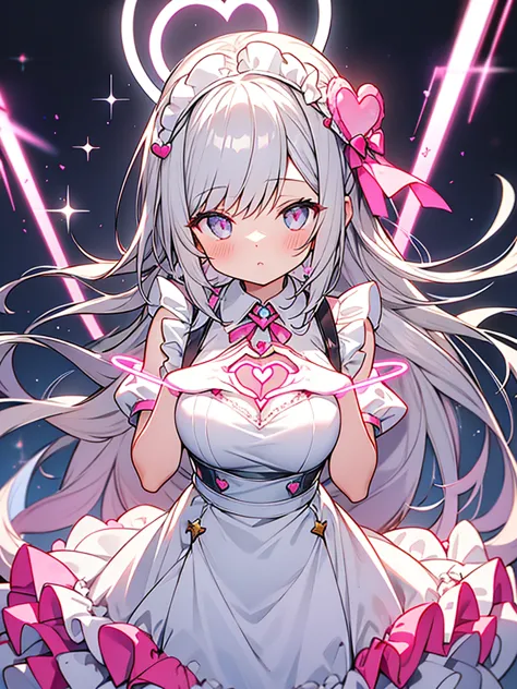 glowing heart-shaped halo floats above the maid goddess' head,heart-shaped neon pink halo overhead,silver long,