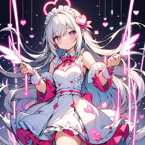 glowing heart-shaped halo floats above the maid goddess' head,heart-shaped neon pink halo overhead,silver long,