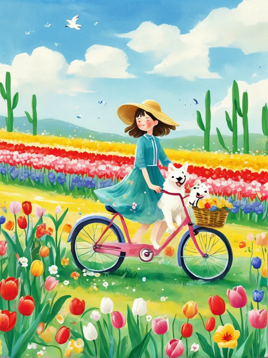 Sea of Flowers，Wind blowing through tulip fields，Spring field scenery，Close up of girl riding bicycle with puppy on sunny day，There are flowers and a puppy in the bamboo basket in front of the car，Tulips in the foreground are clear，Light tones，Light gold color，High resolution details，Ink splash effect，Bright and fresh colors，Best picture quality，8k，high resolution，masterpiece，Super detailed，Vector illustration