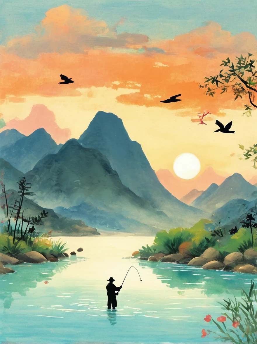 일몰 때 물 속으로 낚싯줄을 던지는 낚시꾼의 실루엣, 배경에는 산이 있고 오렌지색을 반사하는 잔잔한 바다가 있습니다., 장면은 중국 예술가 Zhang Daqian의 스타일로 묘사됩니다.