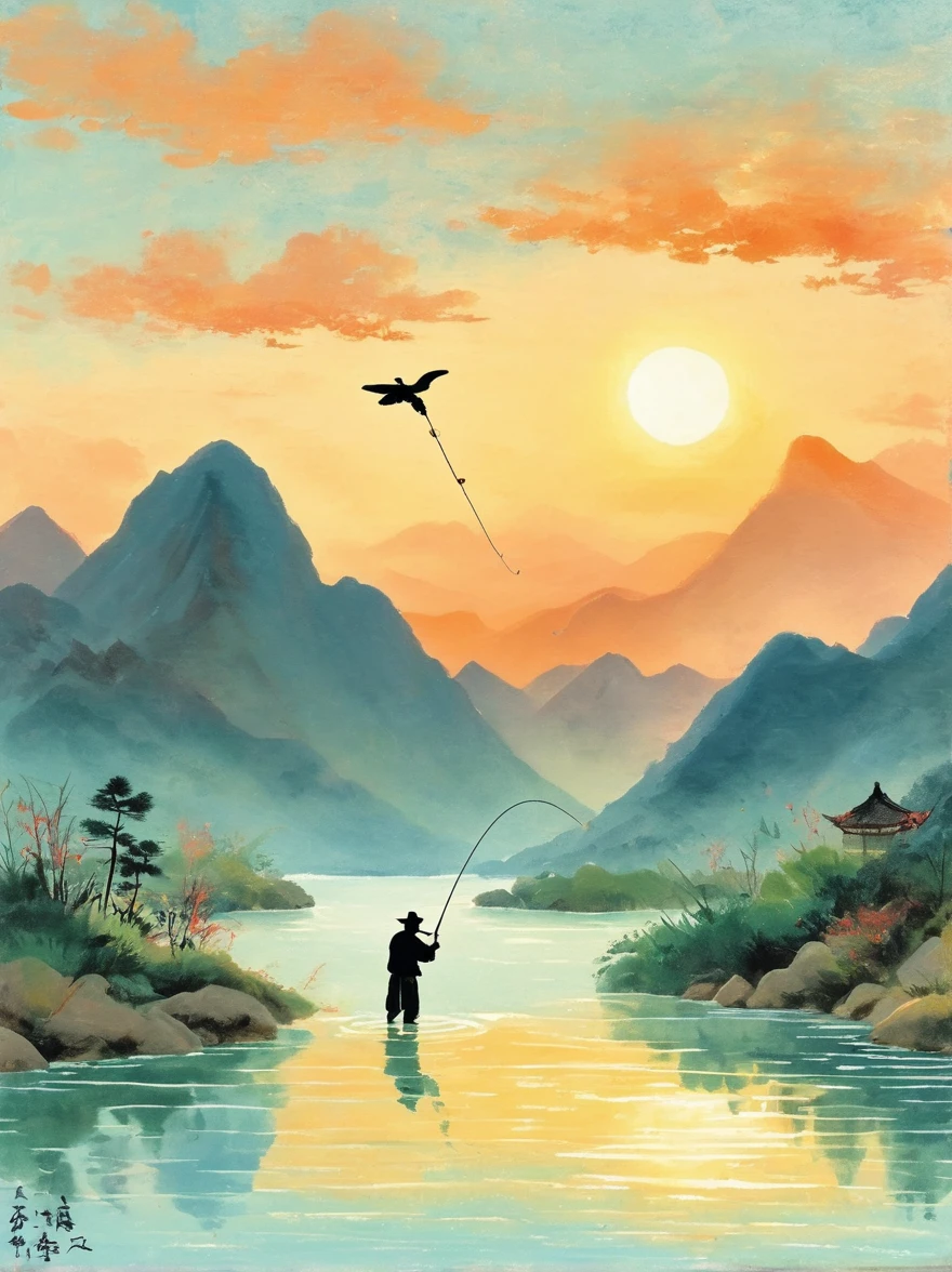 A silhouette of an angler casting their line into the water at sunset, with mountains in the background and calm waters reflecting orange hues, The scene is depicted in the style of Chinese artist Zhang Daqian