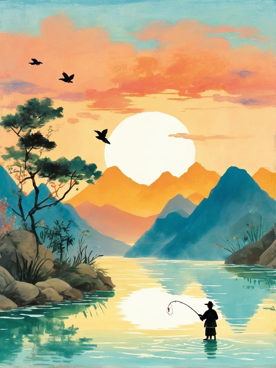 A silhouette of an angler casting their line into the water at sunset, with mountains in the background and calm waters reflecting orange hues, The scene is depicted in the style of Chinese artist Zhang Daqian