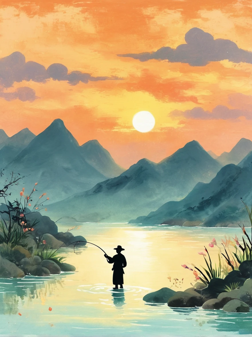 일몰 때 물 속으로 낚싯줄을 던지는 낚시꾼의 실루엣, 배경에는 산이 있고 오렌지색을 반사하는 잔잔한 바다가 있습니다., 장면은 중국 예술가 Zhang Daqian의 스타일로 묘사됩니다.