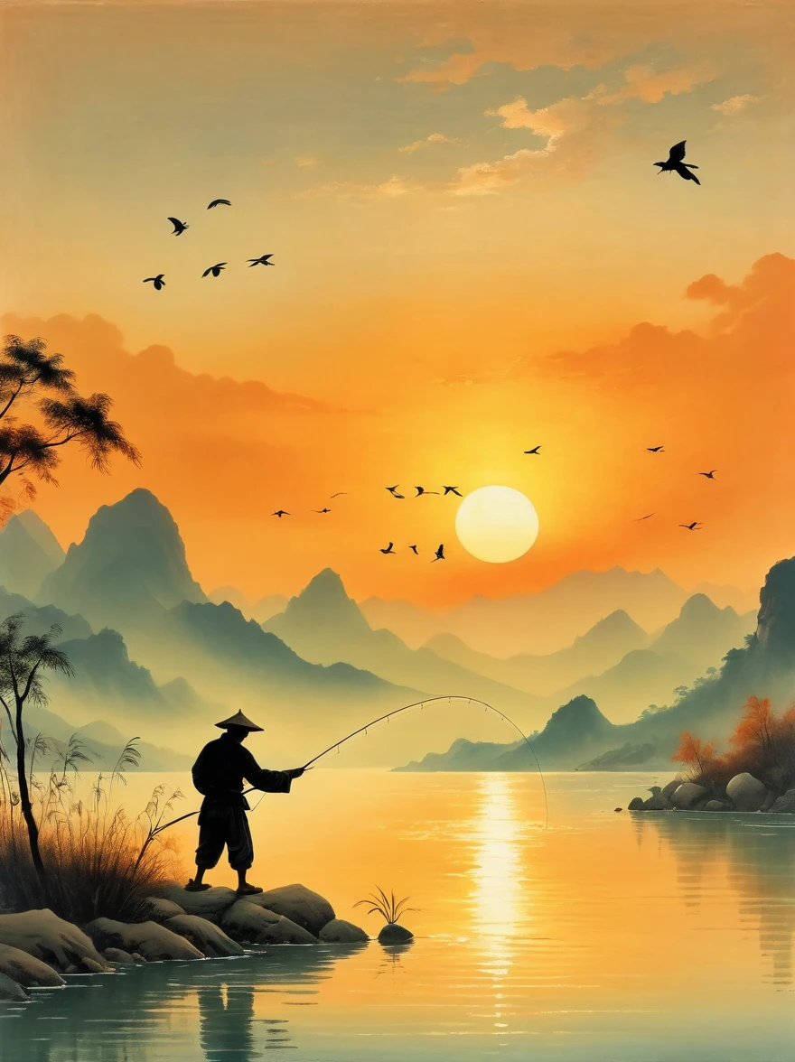 日落时分，钓鱼者将鱼线抛入水中的剪影, 背景是群山，平静的水面反射着橙色的色调, 这一场景以中国画家张大千的风格描绘