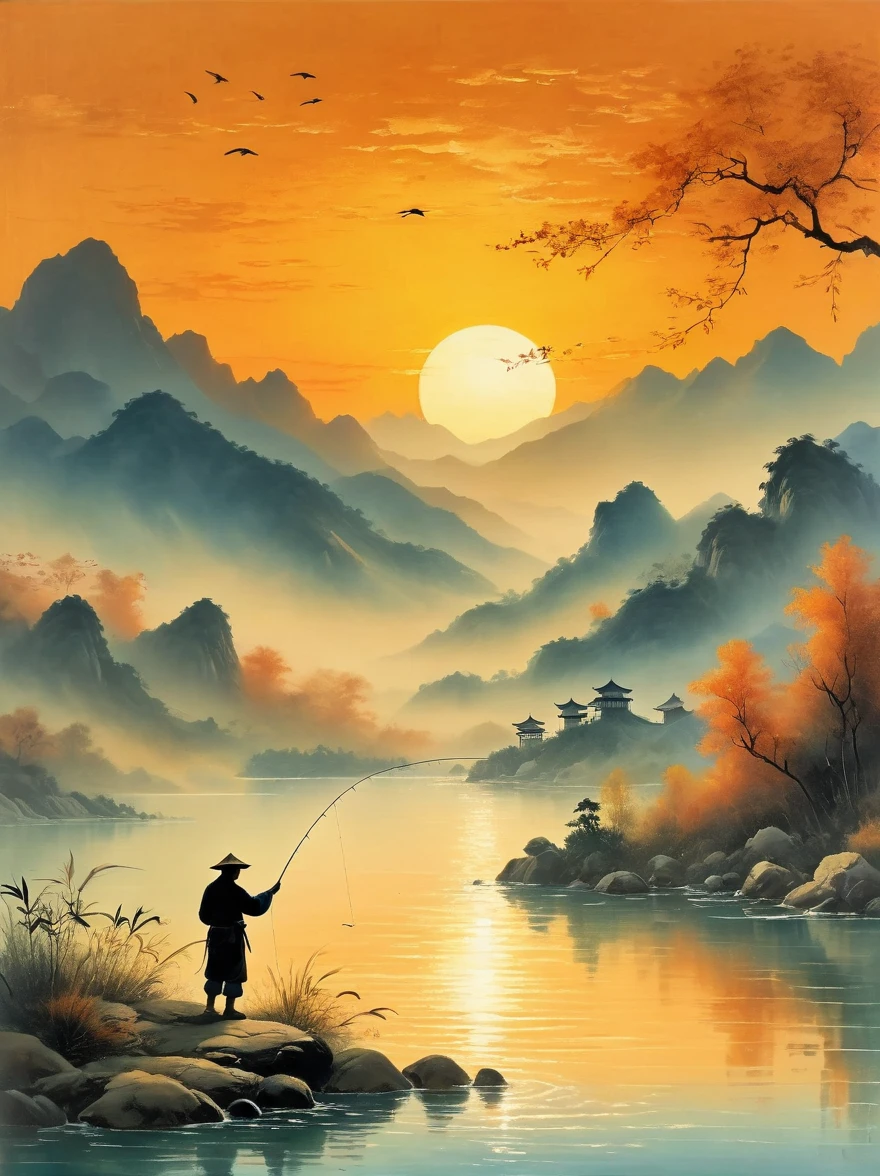 일몰 때 물 속으로 낚싯줄을 던지는 낚시꾼의 실루엣, 배경에는 산이 있고 오렌지색을 반사하는 잔잔한 바다가 있습니다., 이 장면은 중국 예술가 Zhang Daqian의 스타일로 묘사됩니다.
