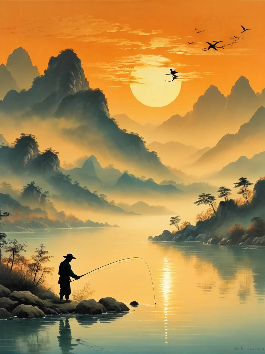 Uma silhueta de um pescador lançando sua linha na água ao pôr do sol, com montanhas ao fundo e águas calmas refletindo tons alaranjados, A cena é retratada no estilo do artista chinês Zhang Daqian