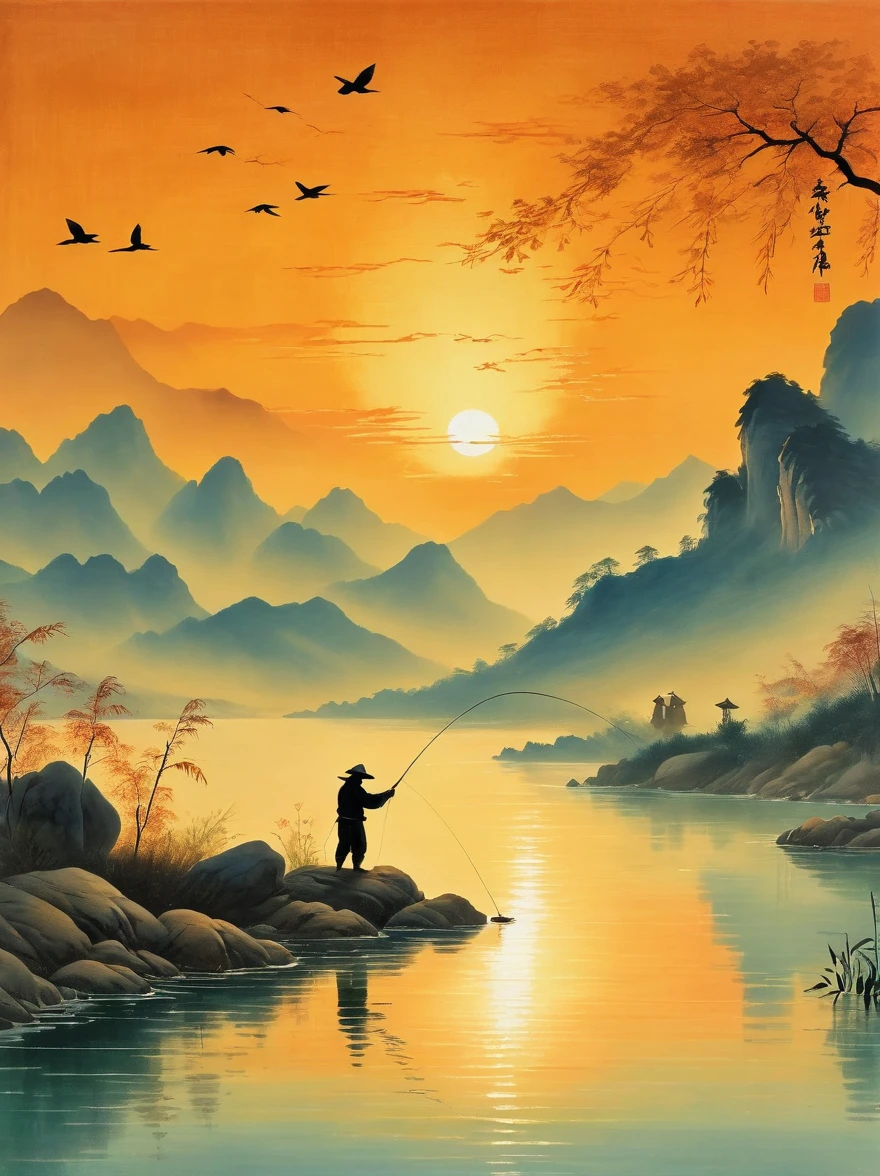 Die Silhouette eines Anglers, der bei Sonnenuntergang seine Angel ins Wasser wirft, mit Bergen im Hintergrund und ruhigem Wasser, das orangefarbene Farbtöne reflektiert, Die Szene ist im Stil des chinesischen Künstlers Zhang Daqian dargestellt