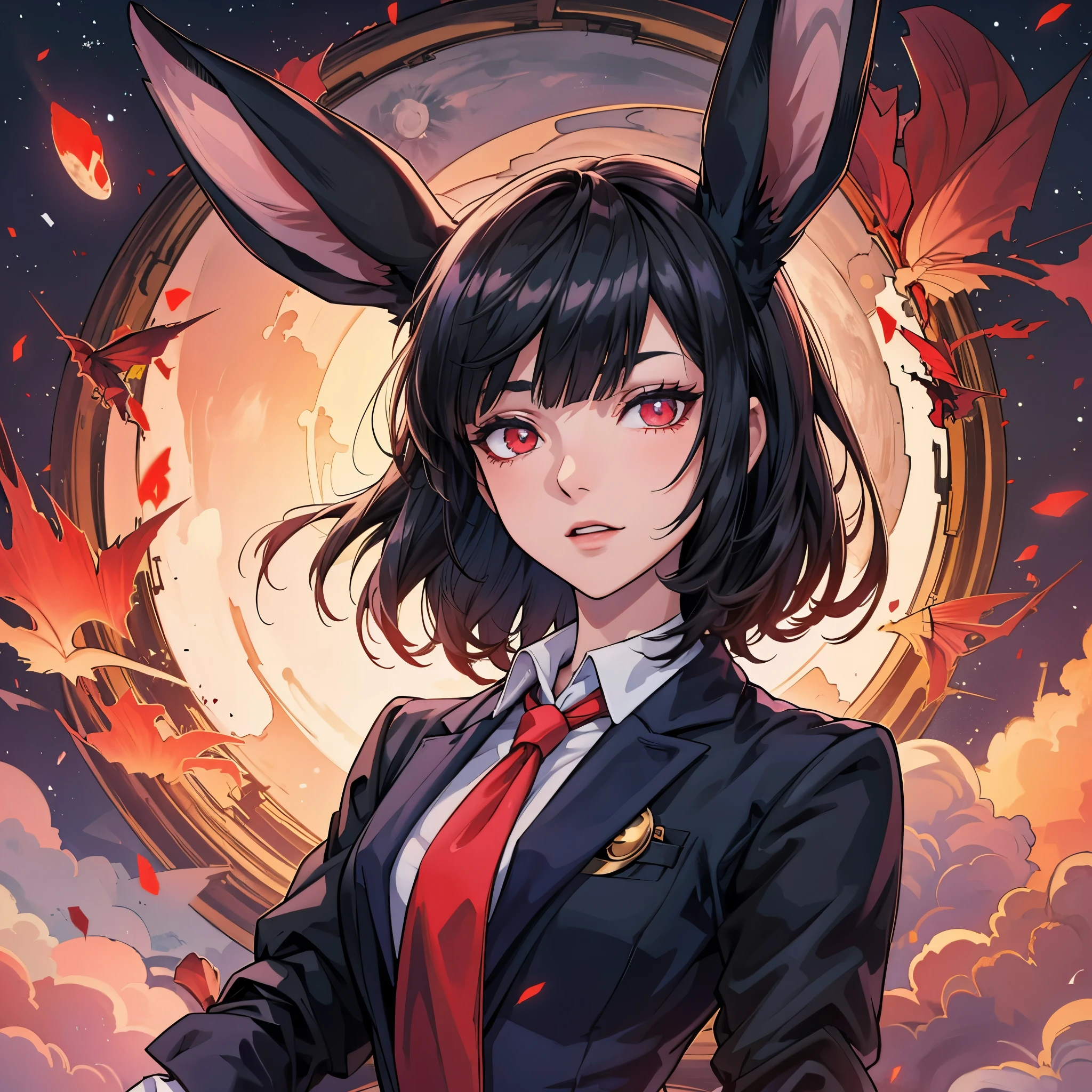 anime girl, tall, short black hair, Bangs are heavy, bunny ears, vampire, red eyes, ((best quality)), ((highly detailed)), masterpiece, absurdres, (detailed eyes, deep eyes), (1girl), cape, Outside at night when the moon shines, dress, frills, The sleeves are wide at the hem, long sleeve shirt, black tie, Stockings, boots