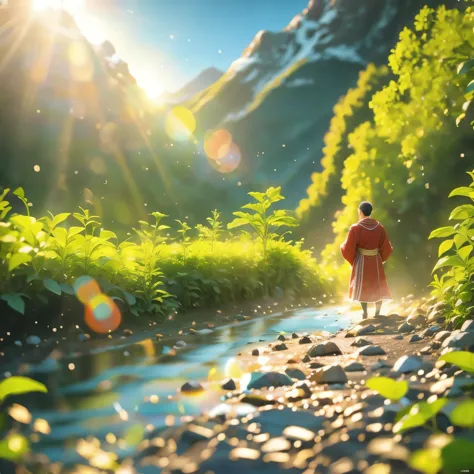 (masterpiece, best quality: 1.2)针织Mountain水画，river，Mountain，sun，monk