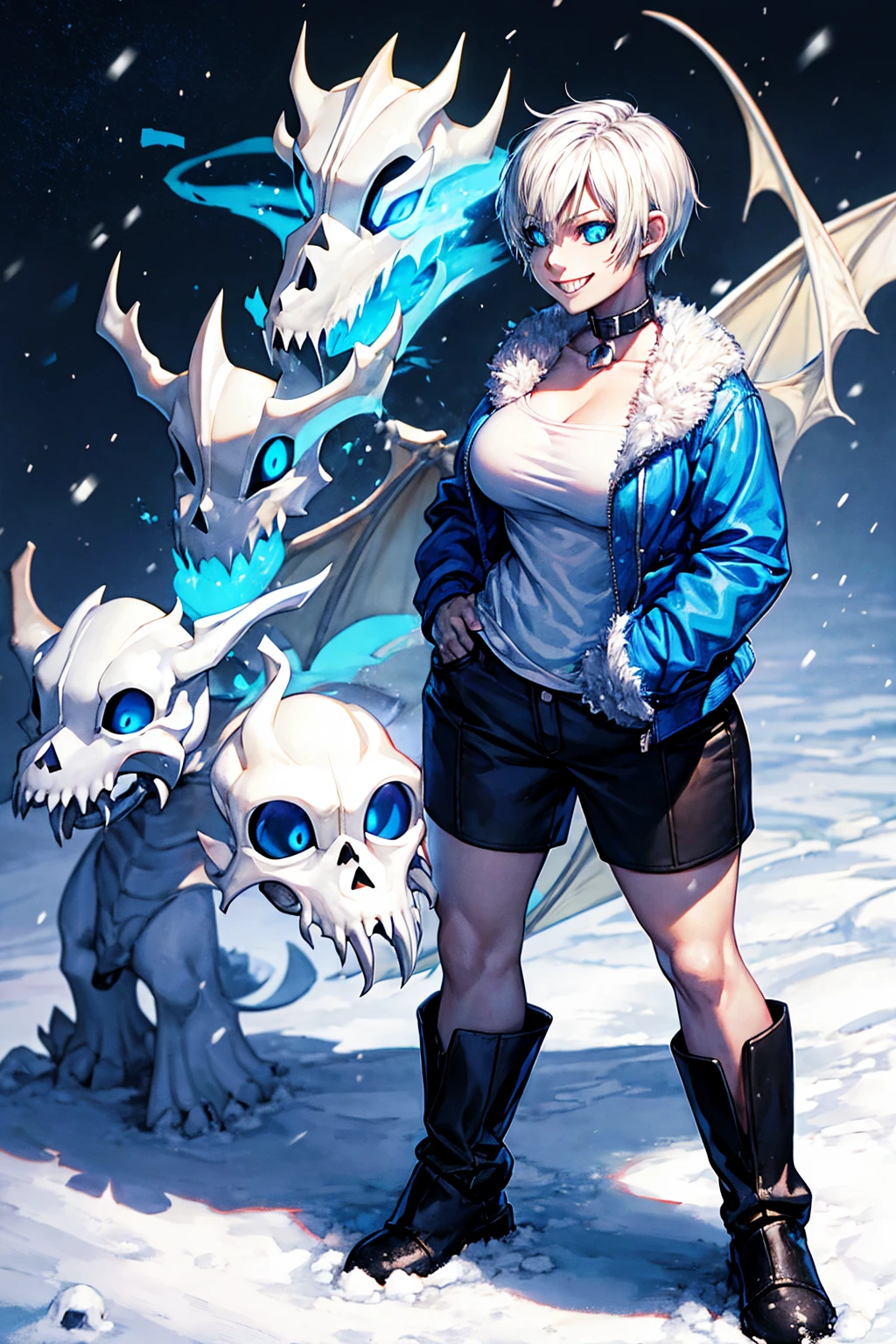 Toby Fox Undertale Sans blue jacket white shirt,Fire eyes skull smile white short hair glowing sexy dragon skull cannon one standing in the snow town Femininefull big breast breast enlargement full-body shot