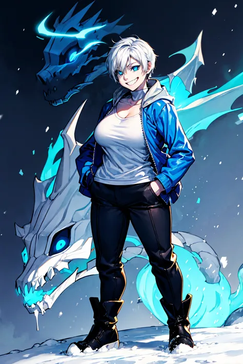 toby fox undertale sans blue jacket white shirt,fire eyes skull smile white short hair glowing sexy dragon skull cannon one stan...