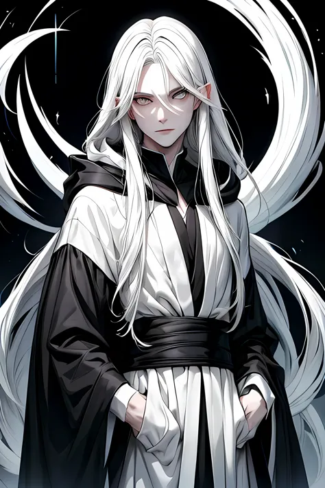 guy with long straight white hair,absolutely white eyes without pupils,in a black robe and hood,in black and white style,without...