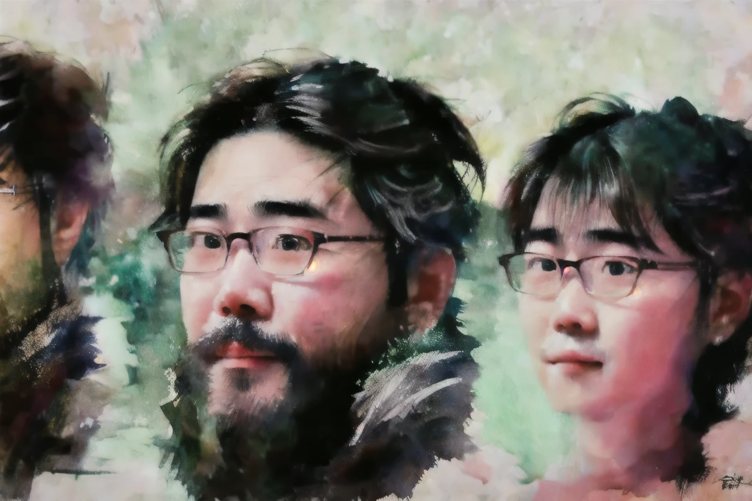 (Yossan), In the background with watercolor texture、Wearing glasses、Generate a portrait of a bearded male model。His face was lit up、Painted in soft watercolor colors。The frames of the glasses have a sophisticated design.、It highlights his intellectual appeal.。His beard is well defined、Highlight his individuality。Although his expression is calm、It gives a sense of philosophical depth.。His pose is natural and relaxed.、It has an atmosphere that gives the viewer a glimpse into his inner world.。The generated image is、It has a unique atmosphere like a watercolor painting.、While visually appealing、It is hoped that the image will highlight the individuality of the male model with glasses and a beard.。